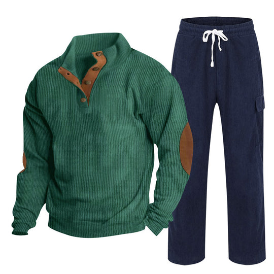 Herren nan Strick-Freizeitset mit Knopfleiste und Ellenbogenaufnähern sowie Cord-Cargohose EB