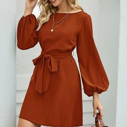 Damen nan elegantes Etuikleid mit Ballonärmeln und Taillengürtel EB