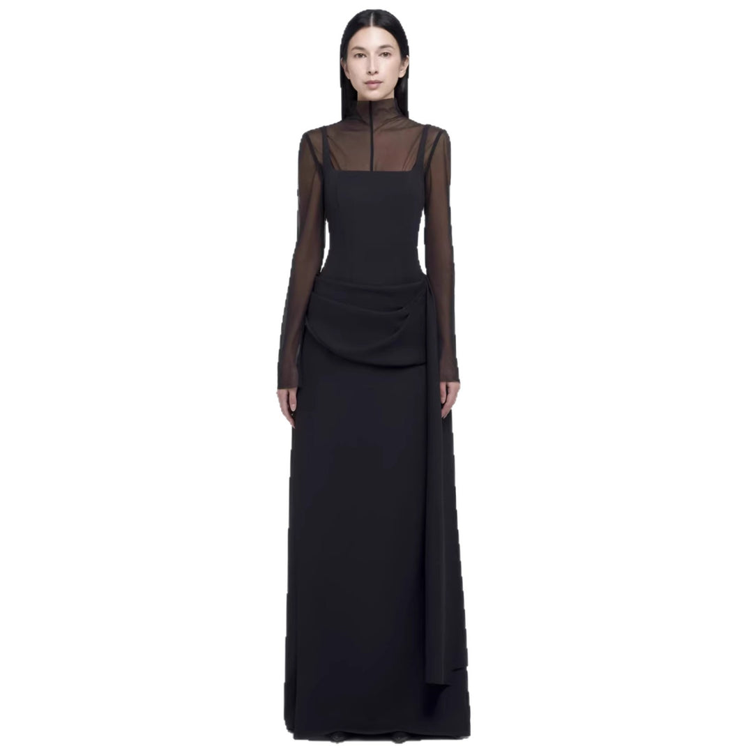 Damen Elegantes Maxikleid mit transparenten Ärmeln und drapiertem Rock EB