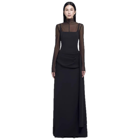 Damen Elegantes Maxikleid mit transparenten Ärmeln und drapiertem Rock EB