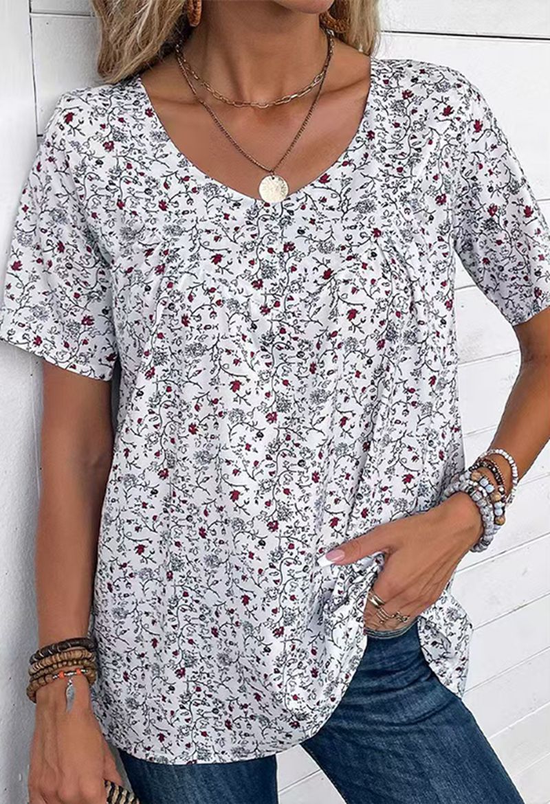 Damen Blusenshirt mit floralem Print und dekorativen Druckdetails Heidi-Mode