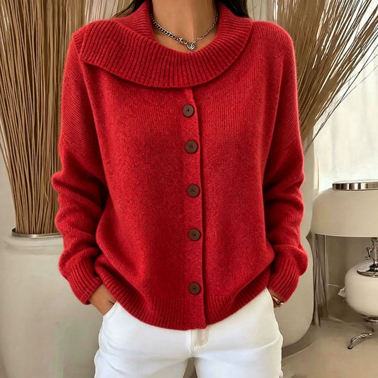 Damen Kuscheliger Knopf-Cardigan mit breitem Rollkragen und gerippten Bündchen EB
