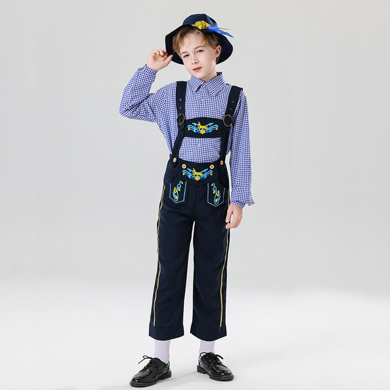 Herren nan bestickte Kindertracht Latzhose mit verstellbaren Hosenträgern und Kontrastnähten EB