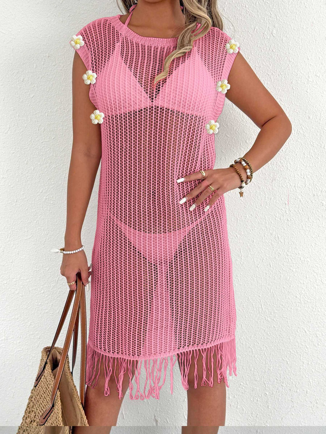 Damen luftiger Netzstrandkleid mit Fransen EB