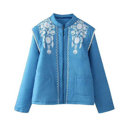Damen bestickte Blousonjacke mit leichtem Baumwollmaterial und praktischen Taschen EB