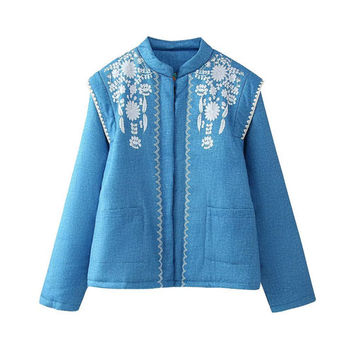 Damen bestickte Blousonjacke mit leichtem Baumwollmaterial und praktischen Taschen EB