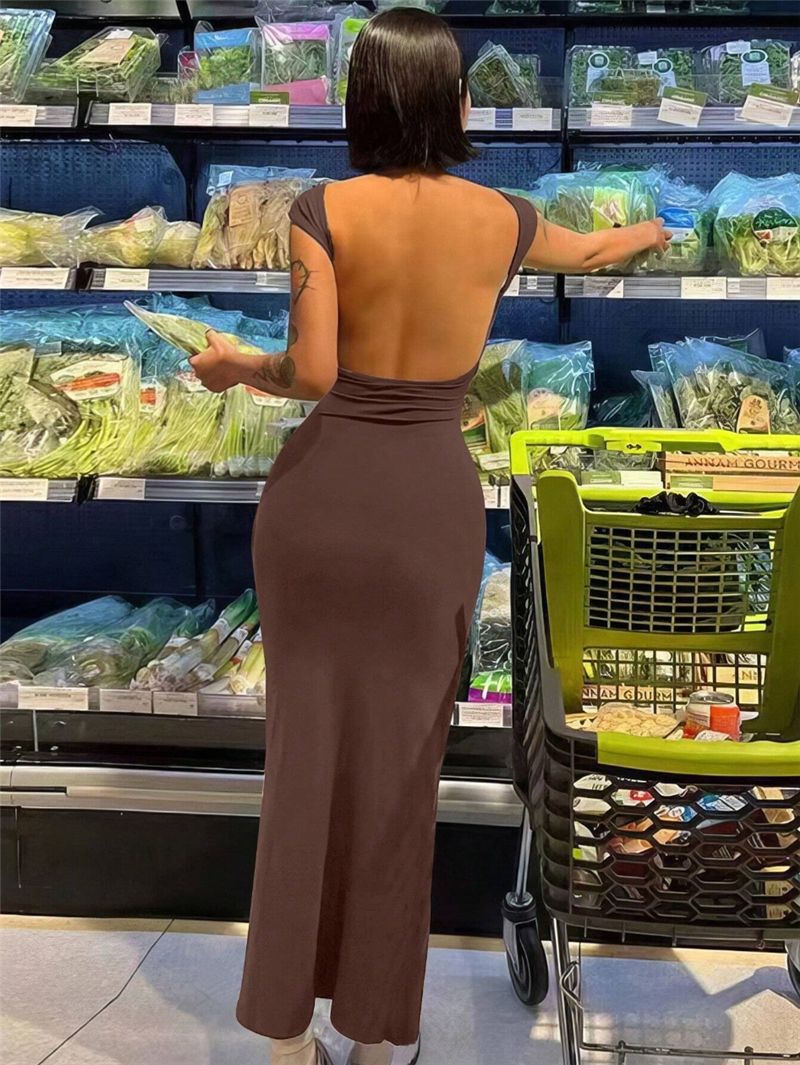 Damen Maxikleid mit tiefem Rückenausschnitt und figurbetontem Schnitt EB