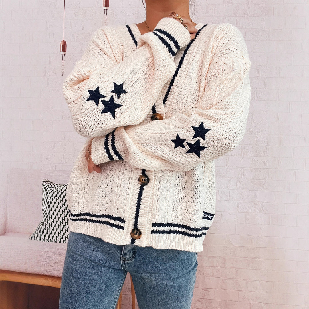 Damen gemütliche Strickjacke mit Sternen-Applikationen und modernen Details EB