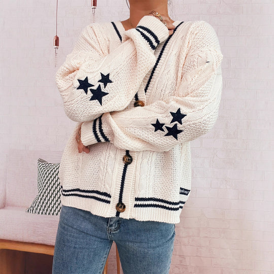 Damen gemütliche Strickjacke mit Sternen-Applikationen und modernen Details EB
