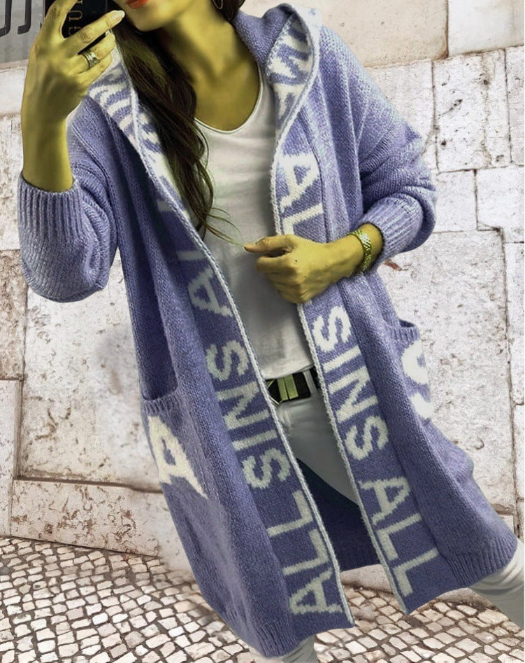 Damen Langarm-Strickcardigan mit Kapuze und praktischen Taschen EB