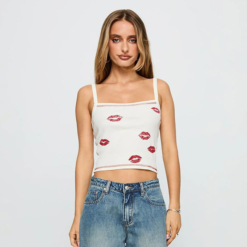 Damen Trägershirt mit grafischem Lippenmuster und figurbetontem Schnitt EB