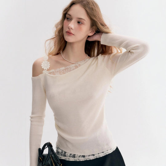 Damen Elegantes Oberteil mit transparentem Spitzenbesatz EB