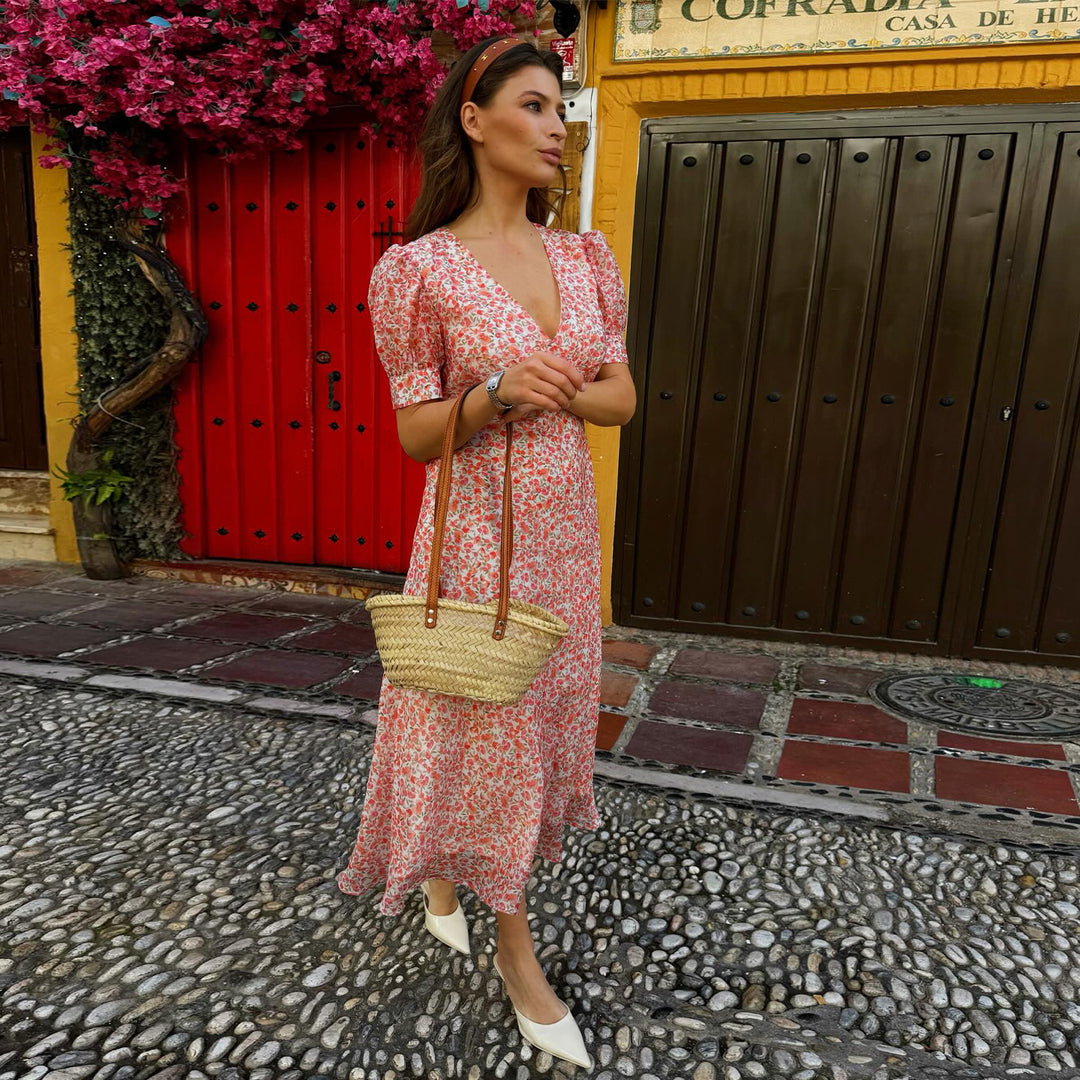Damen Maxikleid mit süßem floralem Muster und puffärmeligem Schnitt EB