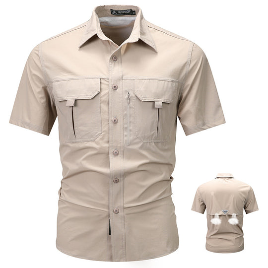 Men's  tactical short sleeve button shirt with dual flap chest pockets and discreet zip utility pocket EB