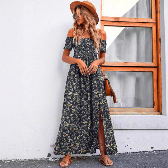 Damen luftiges Maxikleid mit schulterfreien Ärmeln und floralem Muster EB