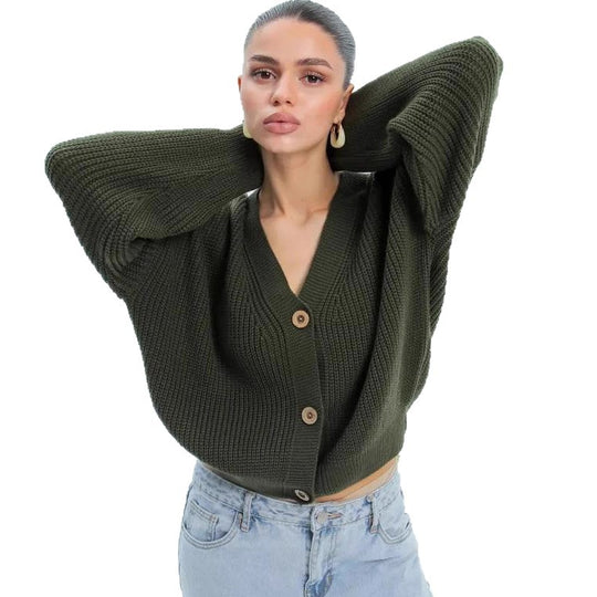 Damen lässiger Strickjacke mit voluminösen Ärmeln und modernen Knopfdetails EB