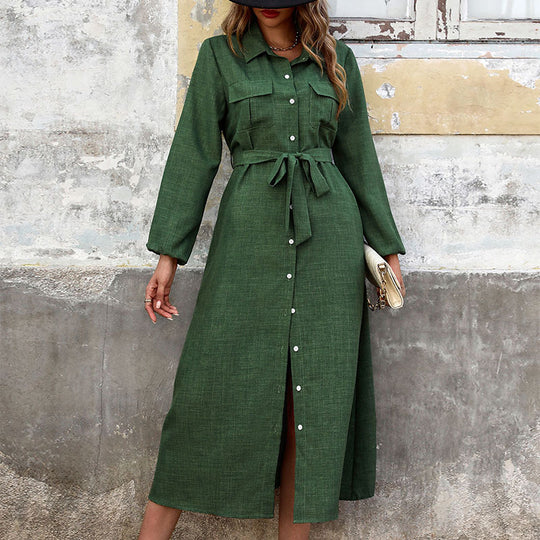 Damen Hemdkleid mit Bindegürtel und aufgesetzten Taschen EB