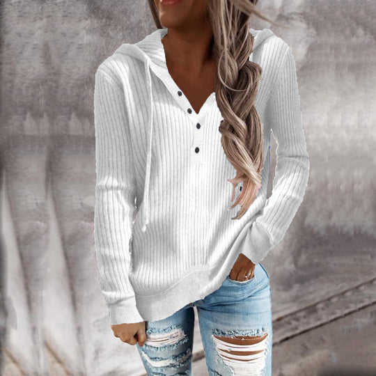 Damen Kapuzenpullover mit feinem Rippstrick und Knopfleiste EB