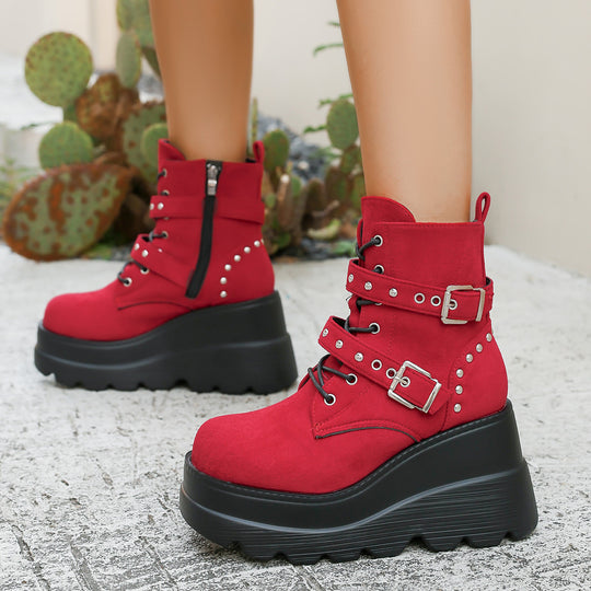 Damen Wedge-Stiefel mit modischen Schnallen und robustem Plateau EB