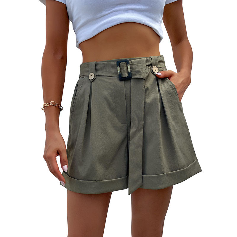 Damen elegante Bundfalten-Shorts mit Gürtel EB