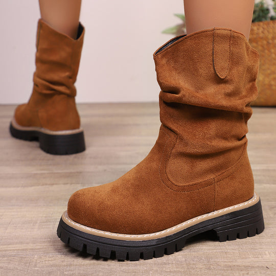 Damen weiche Wildleder-Stiefel mit lässigem Faltenlook und robuster Profilsohle EB