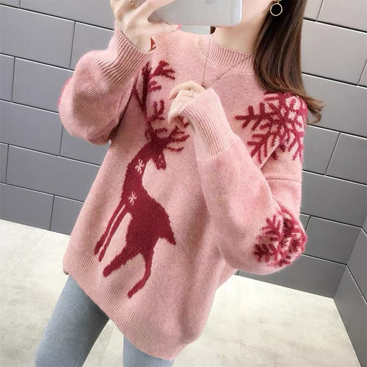 Damen Gemusterter Strickpullover mit Rentier-Jacquard, Rundhalsausschnitt und geripptem Saum EB