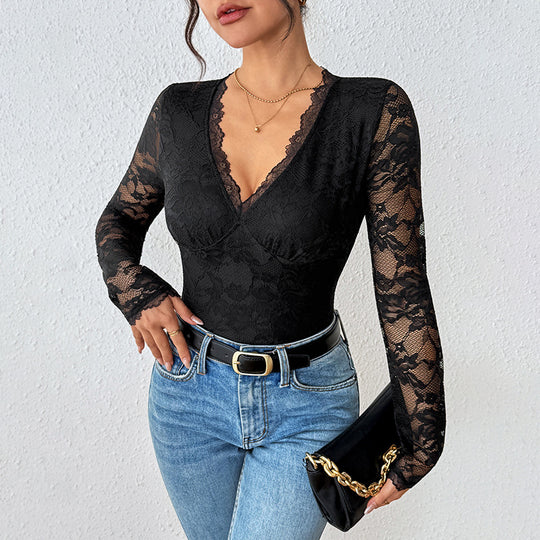 Damen Eleganter Spitzen-Body mit Korsett-Teilung und langen Transparentärmeln EB