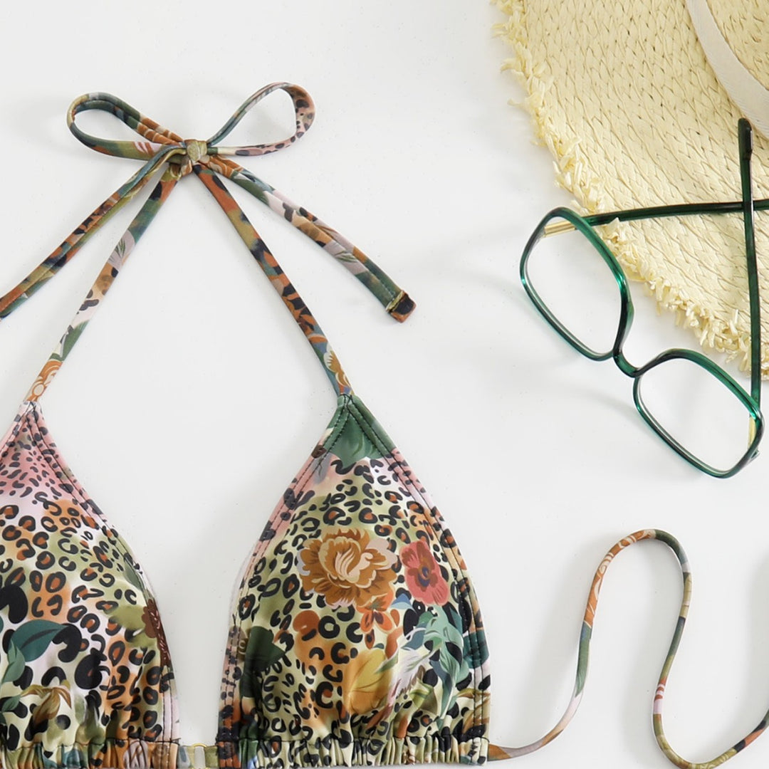 Damen Triangel-Bikini mit floralem und animalischem Design EB