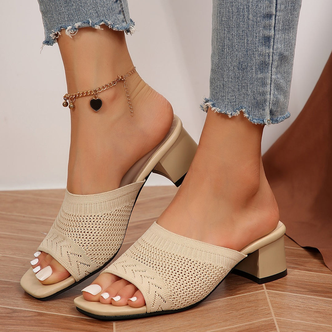 Damen Mules mit modischem Strickoberteil und elegantem Blockabsatz EB