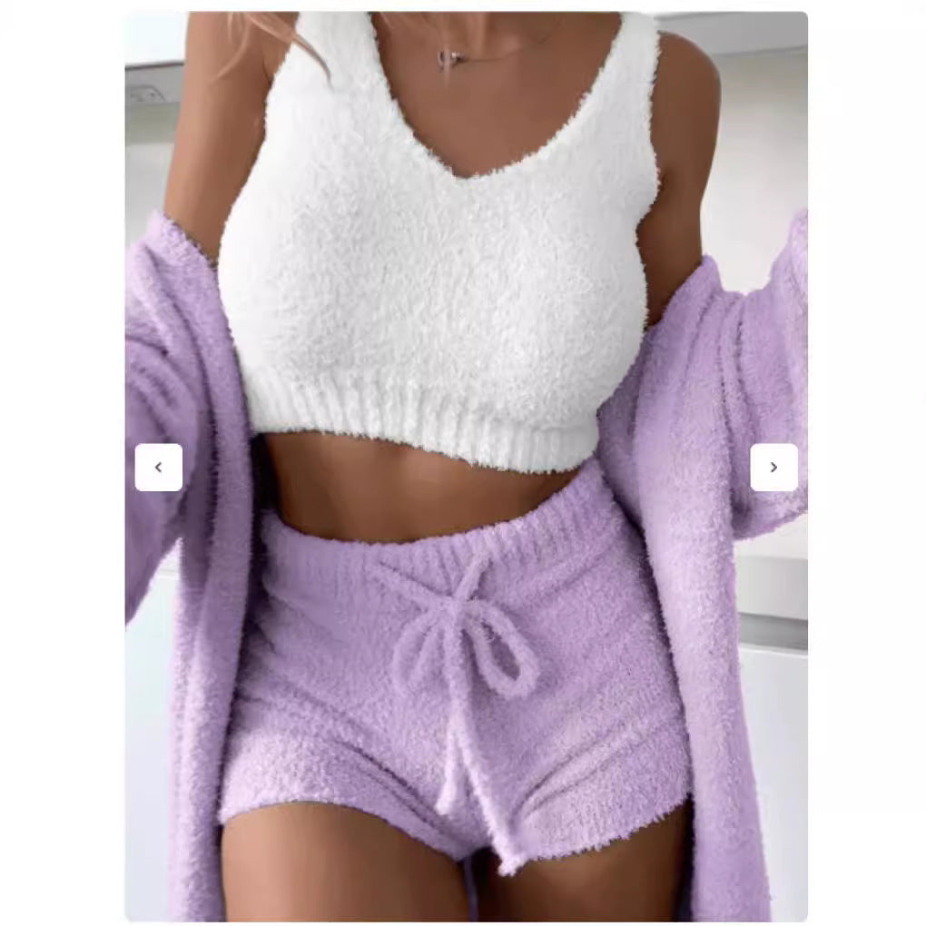 Damen kuscheliges Lounge-Set mit Cropped Top und Shorts EB