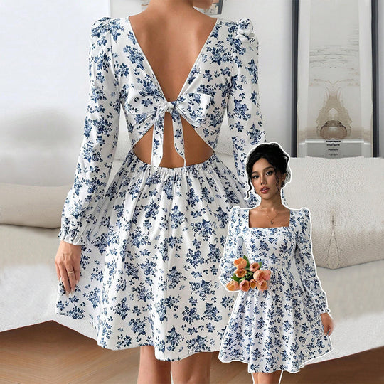 Damen florales Minikleid mit quadratischem Ausschnitt tailliertem Schößchen und langen Puffärmeln Eichborn Berlin