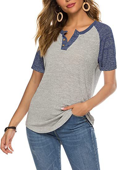 Damen lässiges Kurzarm-Henley-Shirt mit Knopfleiste EB