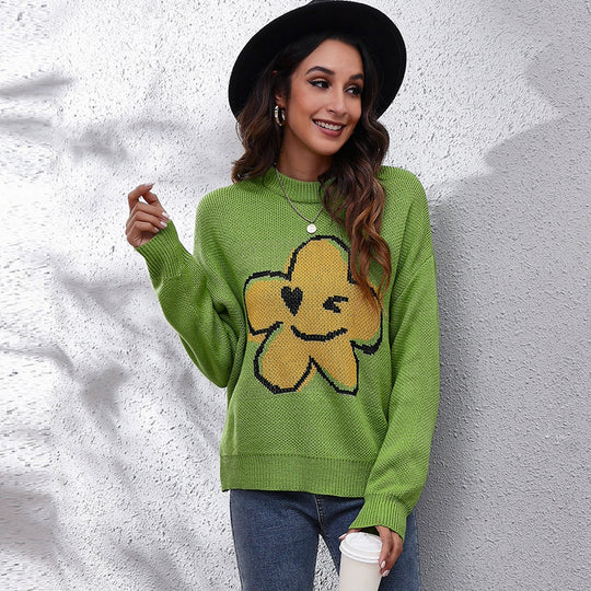 Damen Strickpullover mit verspieltem Blumenmotiv EB