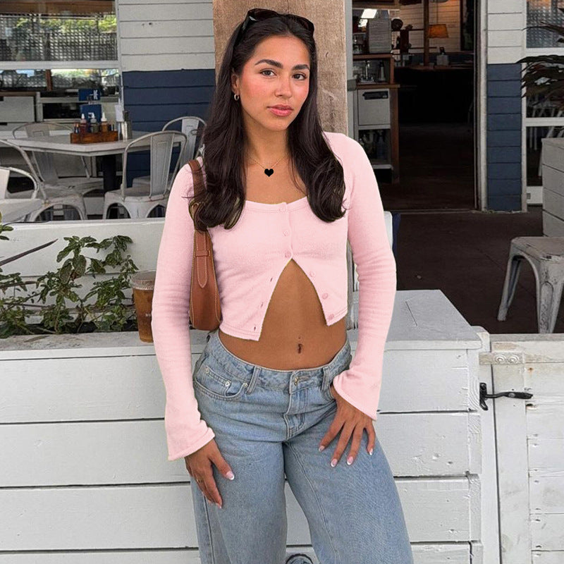 Damen Langarm-Crop-Top mit raffinierter Knopfleiste EB