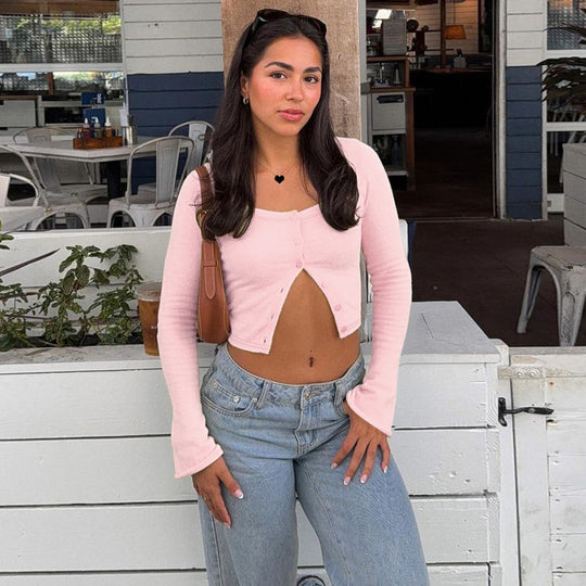 Damen Langarm-Crop-Top mit raffinierter Knopfleiste EB