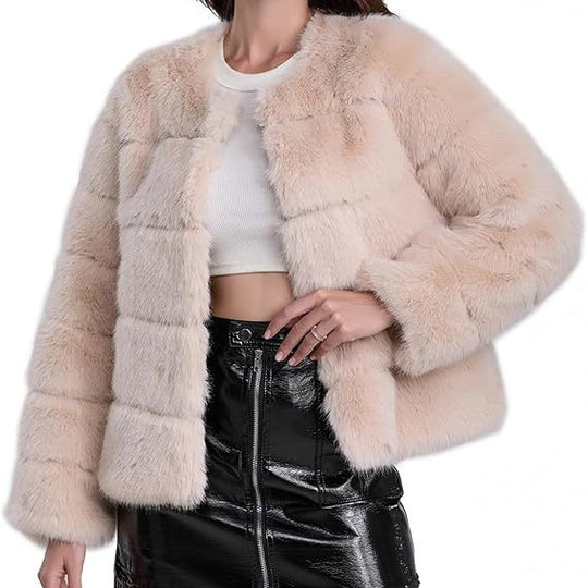 Damen Kuschelige Kunstpelzjacke mit modischem Puffärmel-Design EB