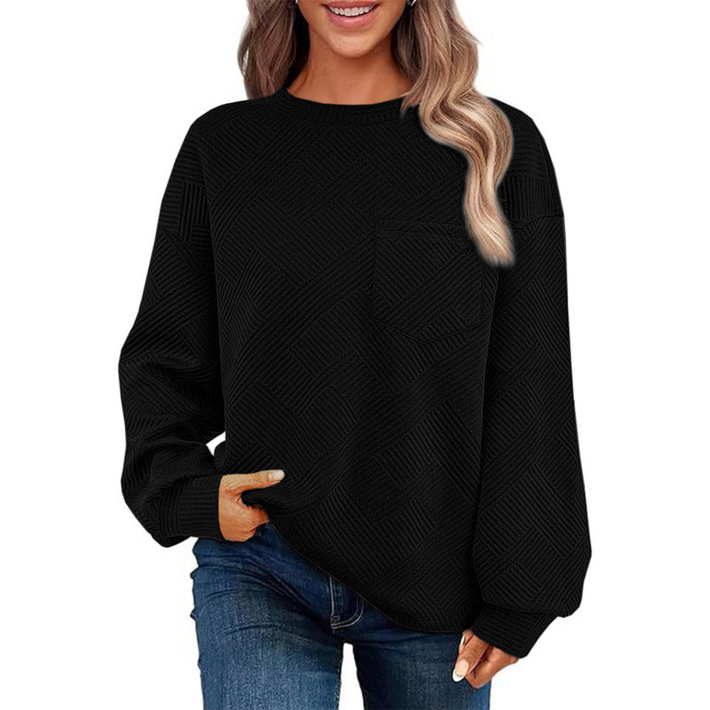 Damen lässiger Pullover mit strukturiertem Muster und praktischer Brusttasche EB