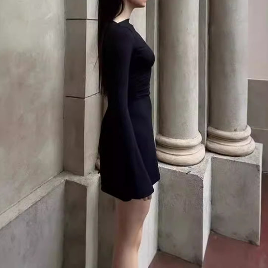 Damen elegantes Rüschen-Minikleid mit langen Ärmeln EB