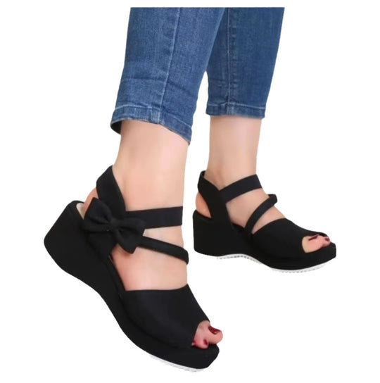 Damen Wedge-Sandalen mit dekorativem Schleifen-Detail und elastischem Riemen EB