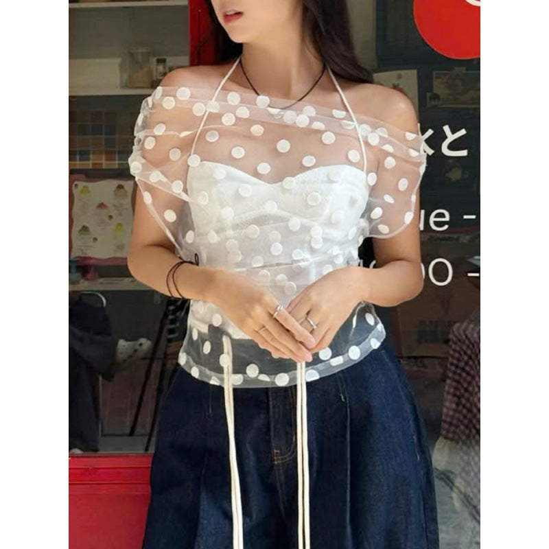 Damen Elegantes off-shoulder Oberteil mit Polka-Dots und Raffung EB