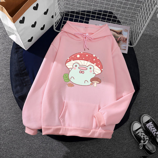 Damen nan weicher Oversize-Kapuzenpullover mit kawaii Pilzfrosch-Print, Kängurutasche und gerippten Bündchen EB