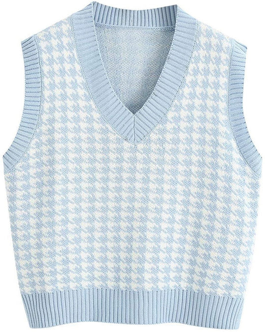 Damen ärmellose Strickweste mit modernem Hahnentrittmuster EB