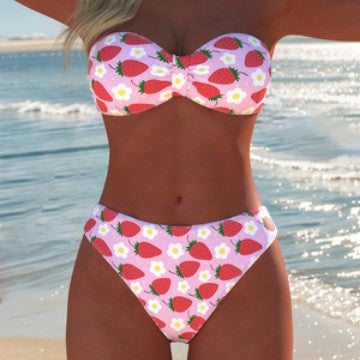 Damen Bandeau-Bikini mit hochgeschnittenen Pants und buntem Bedruck EB
