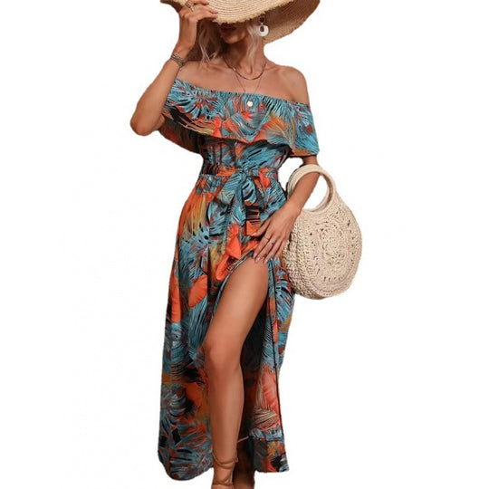 Damen Maxikleid mit Off-Shoulder-Ausschnitt und tiefem Schlitz EB