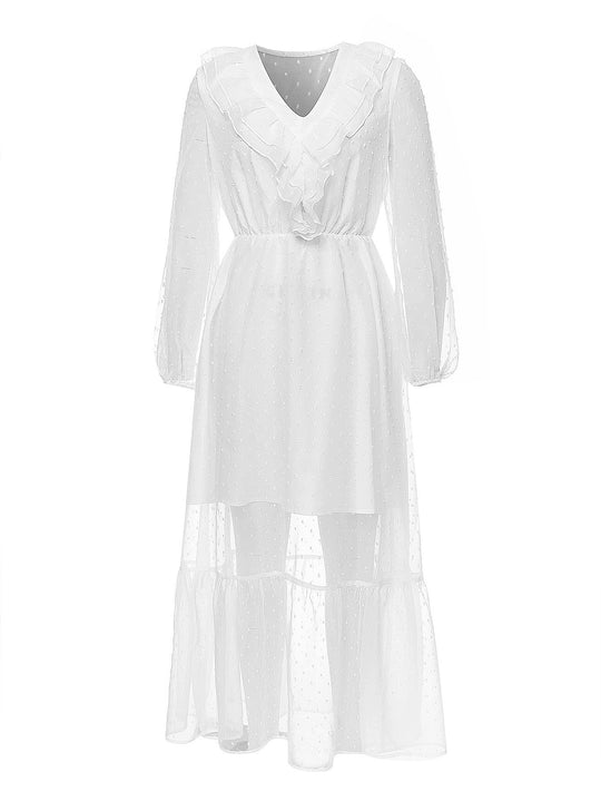 Damen Maxi-Kleid mit transparentem Rüschensaum und eleganter Taillierung EB