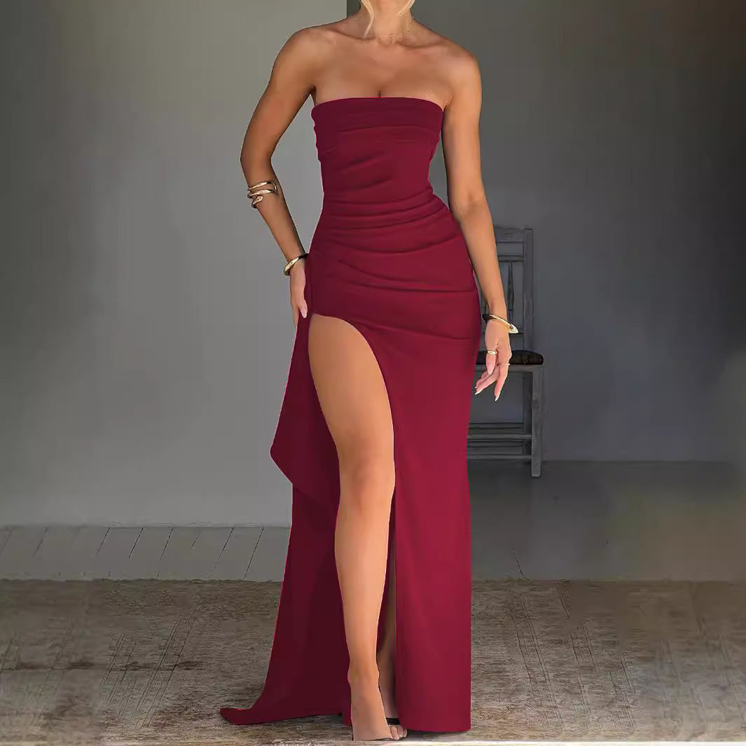 Damen Maxikleid mit trägerlosem Oberteil und elegantem Schlitz EB