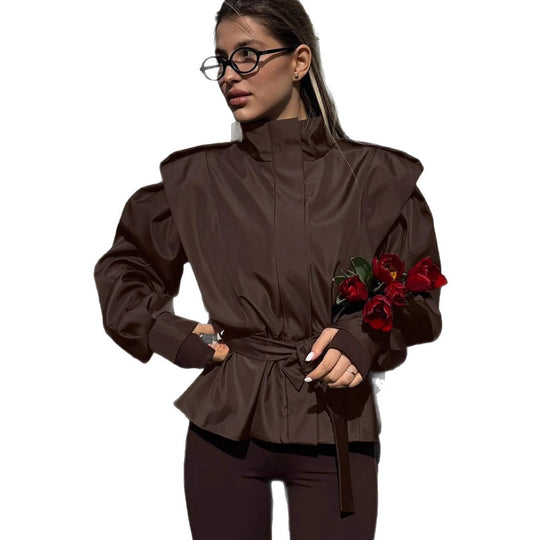 Damen elegante Utility-Jacke mit hochgeschlossenem Kragen und Taillengürtel EB