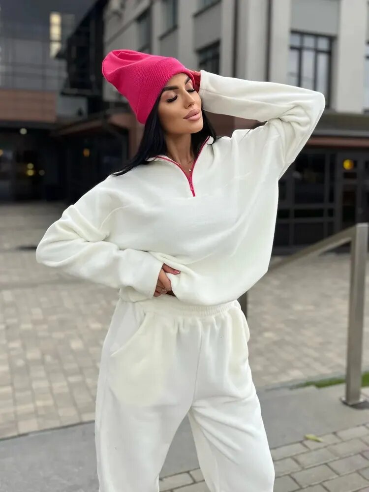 Damen Kuscheliges Fleece-Loungewear-Set mit Halb-Reißverschluss und elastischem Bund EB
