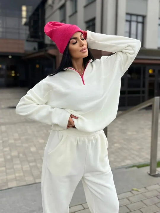 Damen Kuscheliges Fleece-Loungewear-Set mit Halb-Reißverschluss und elastischem Bund EB