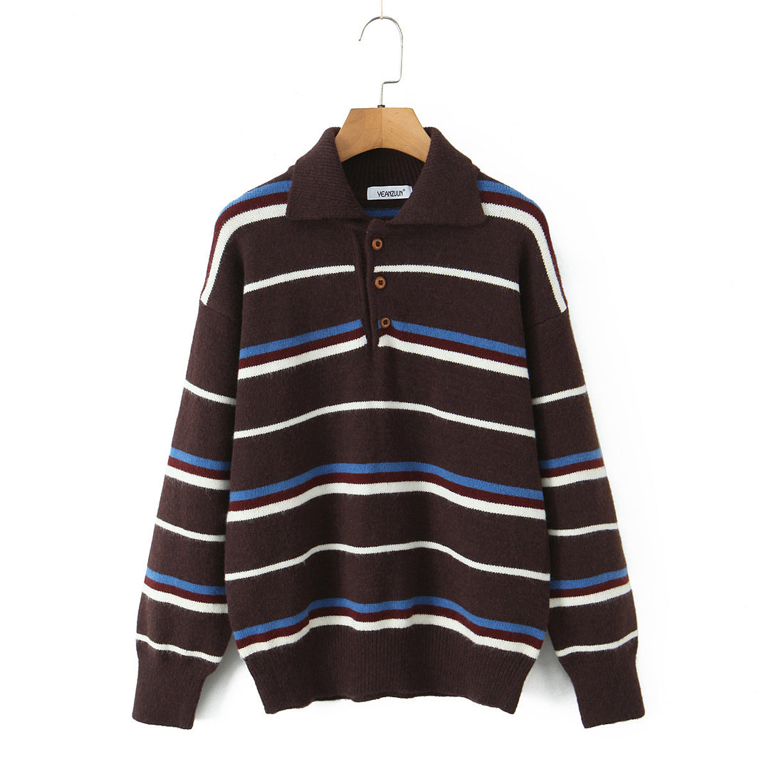 Damen gestreifter Poloshirt-Strickpullover EB